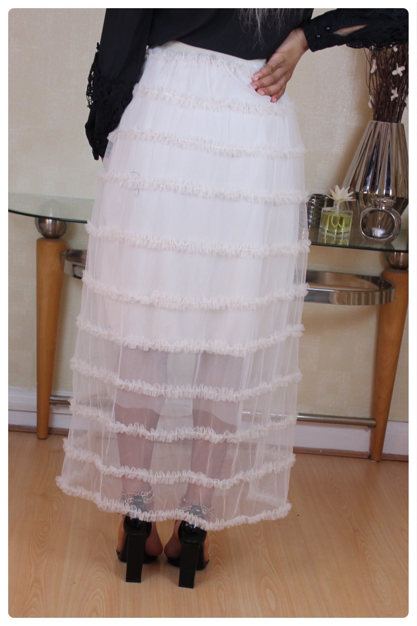 Nude Gathered Long Tulle Skirt