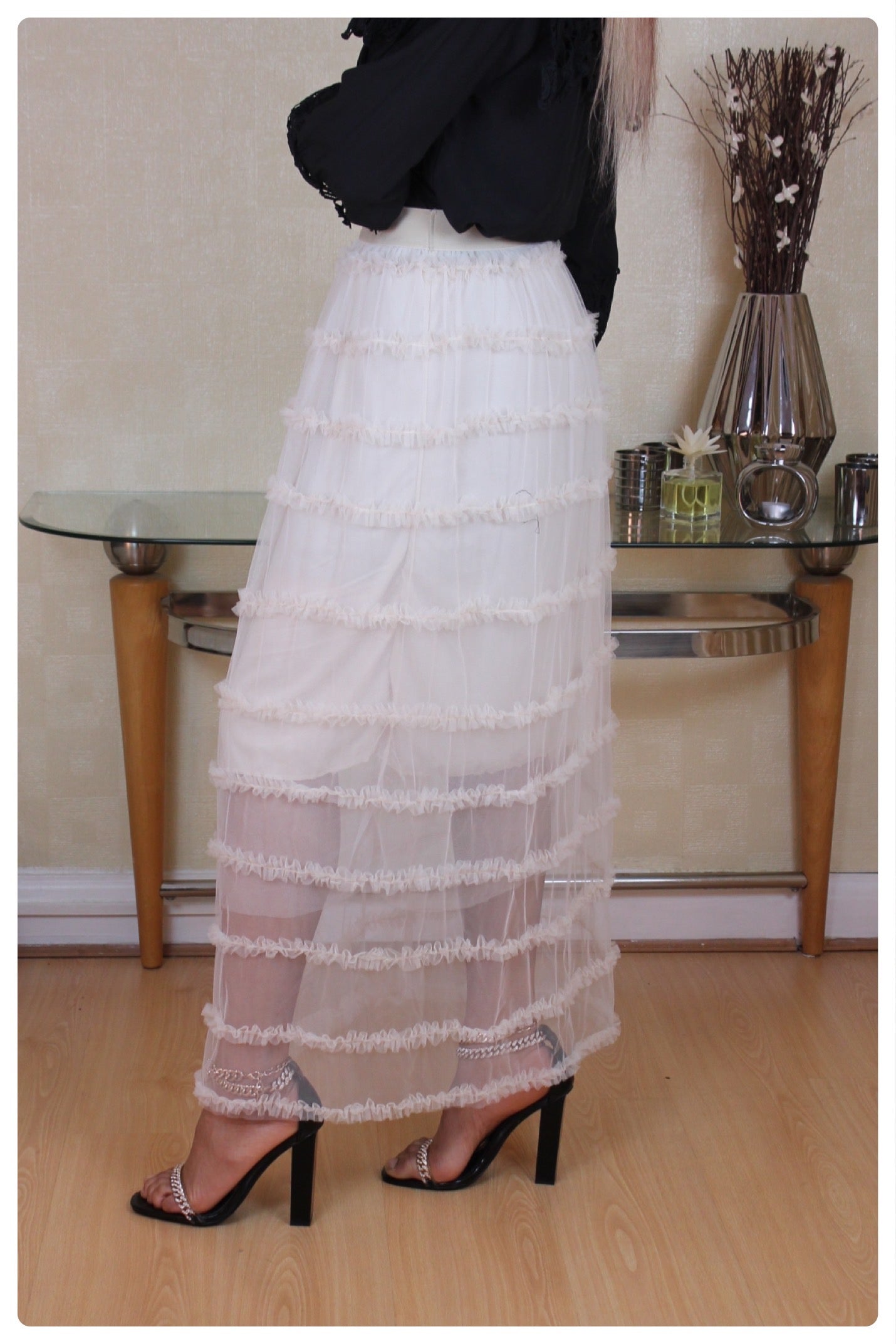 Nude Gathered Long Tulle Skirt
