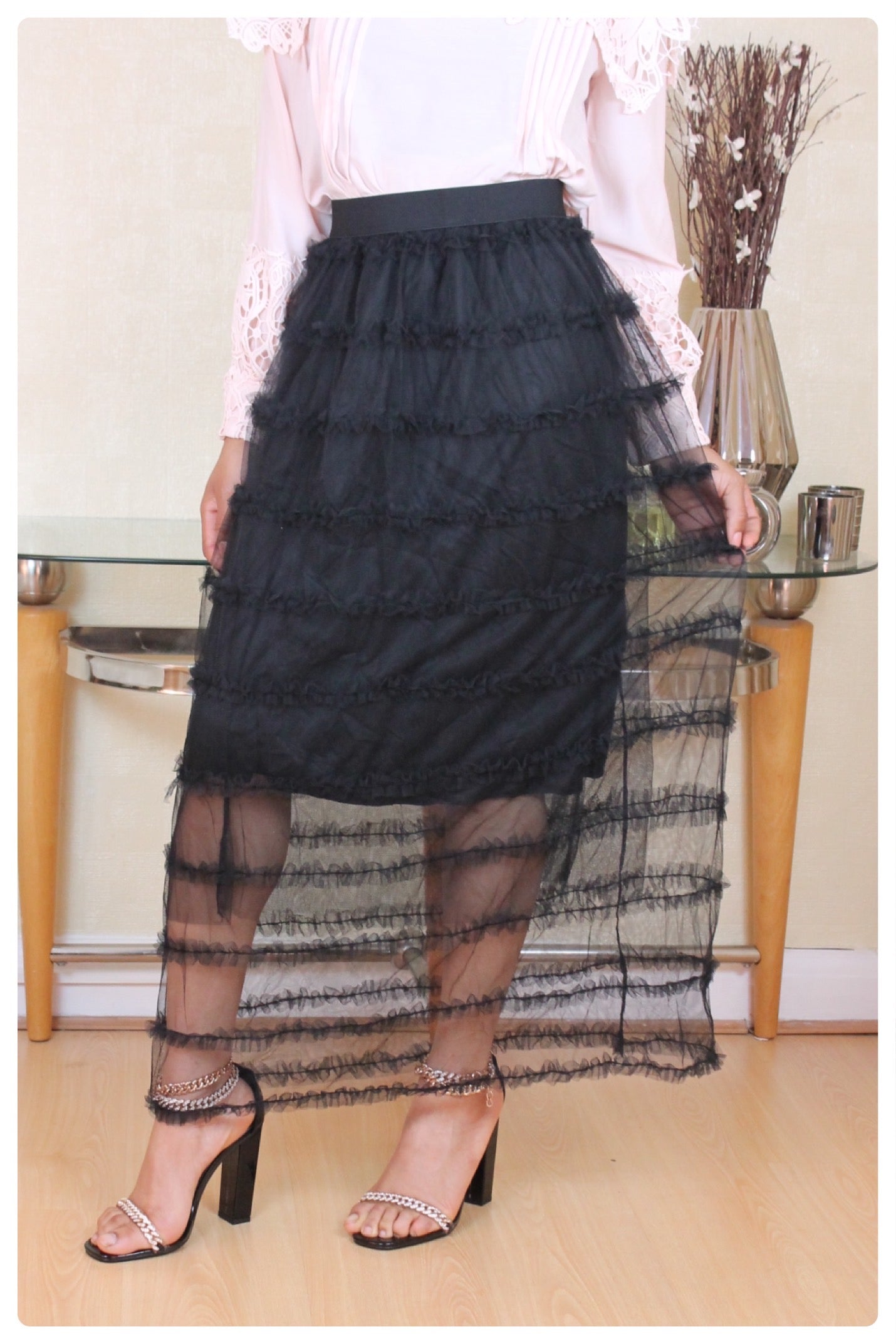 Black Gathered Long Tulle Skirt