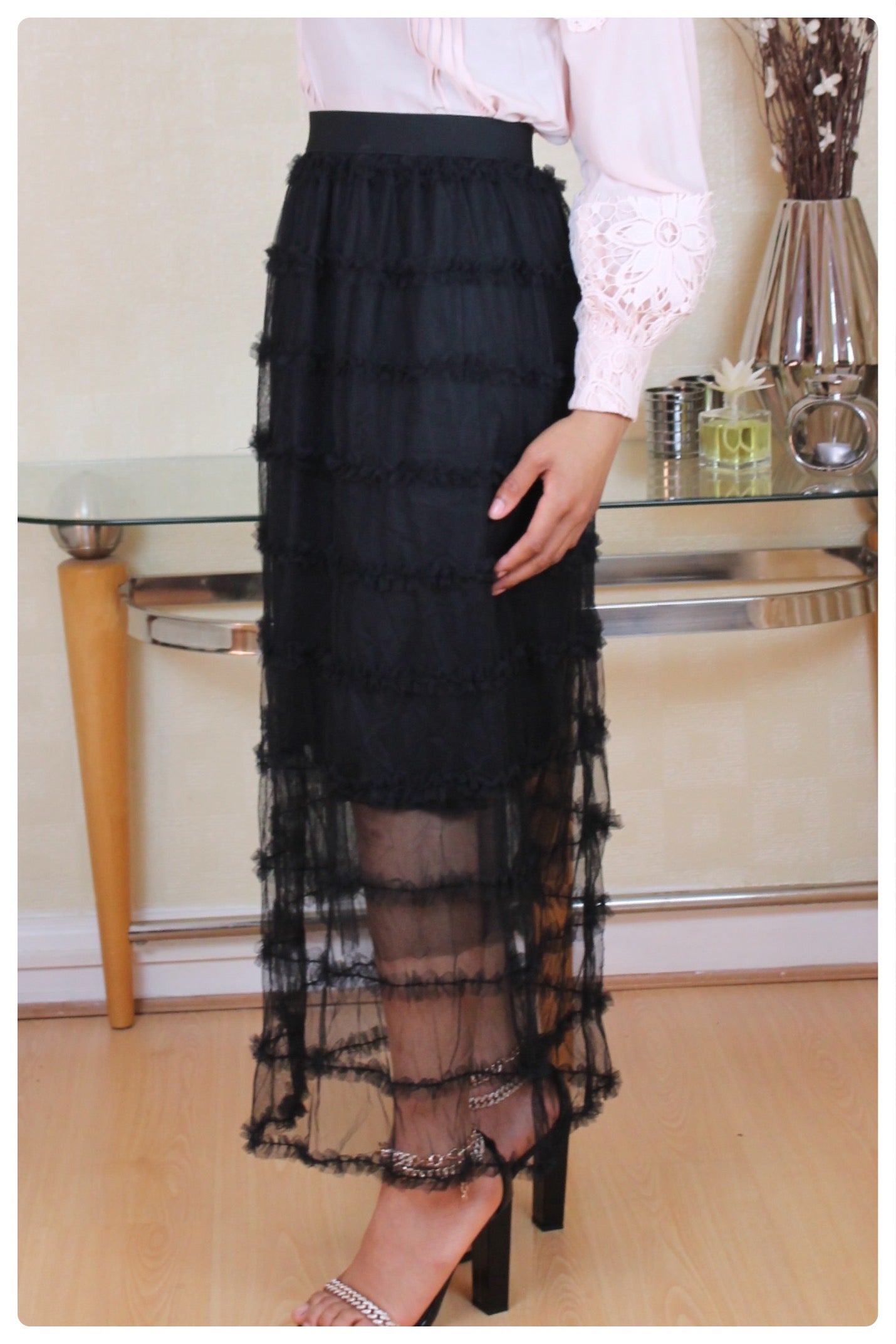 Black Gathered Long Tulle Skirt