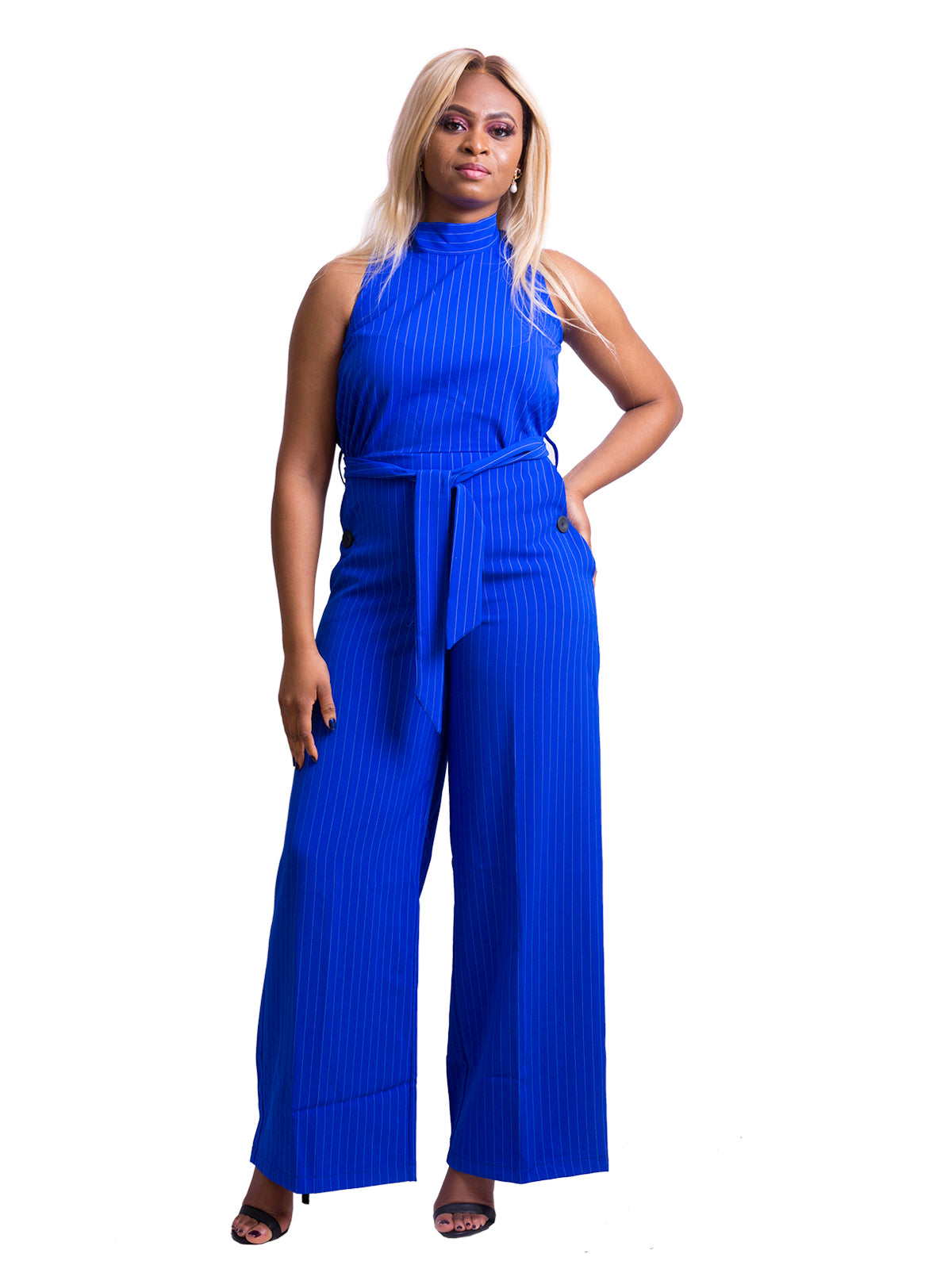 Blue High Neck Jumpsuit With Tie
