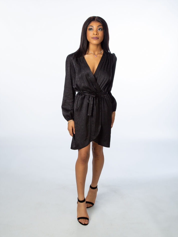 Black Patterned Silky Wrap Dress