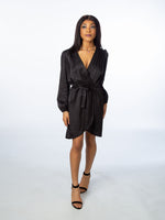 Load image into Gallery viewer, Black Patterned Silky Wrap Dress
