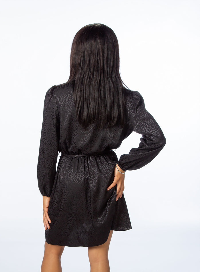 Black Patterned Silky Wrap Dress