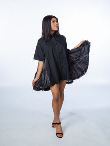 Black Oversized Shirt Dress With Frill Detail On Side