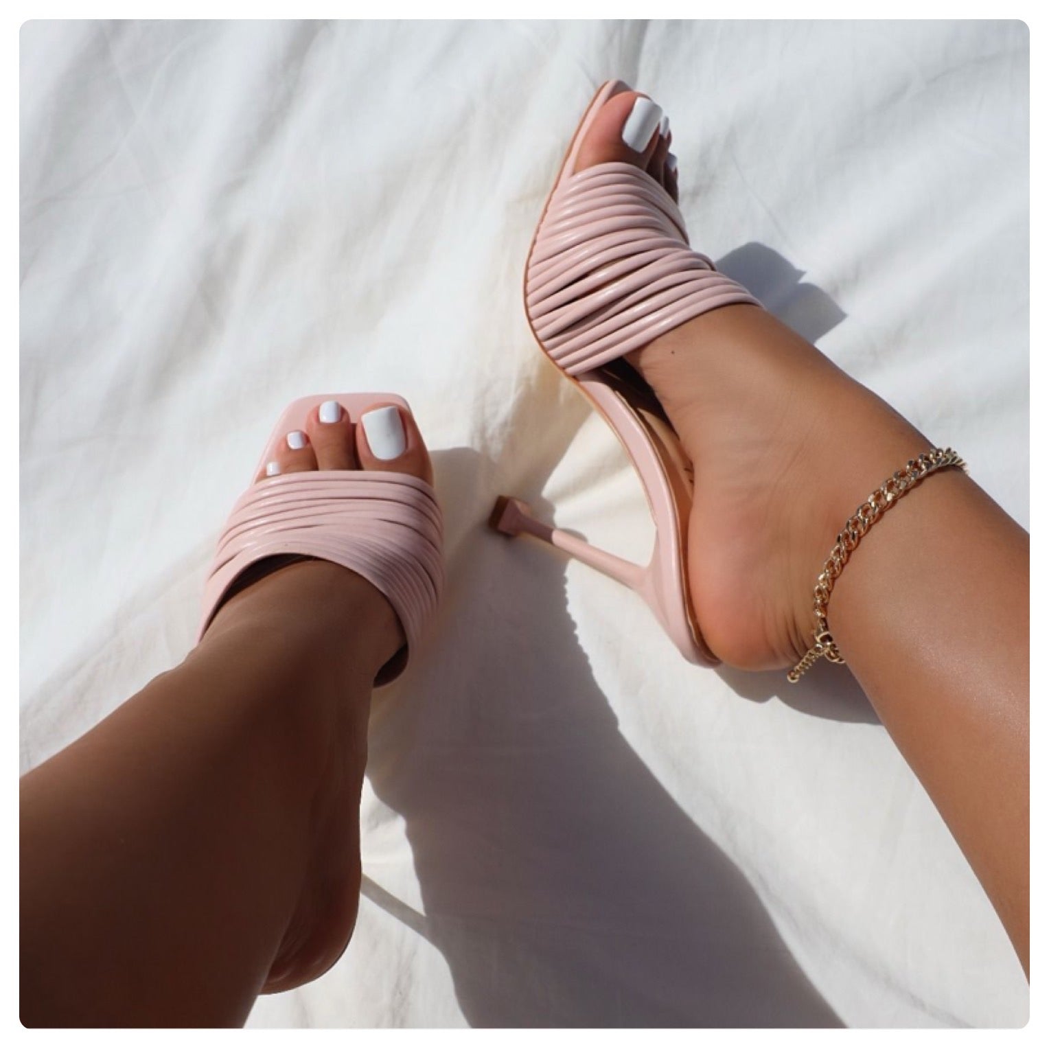 Pink Strappy Stiletto Mules