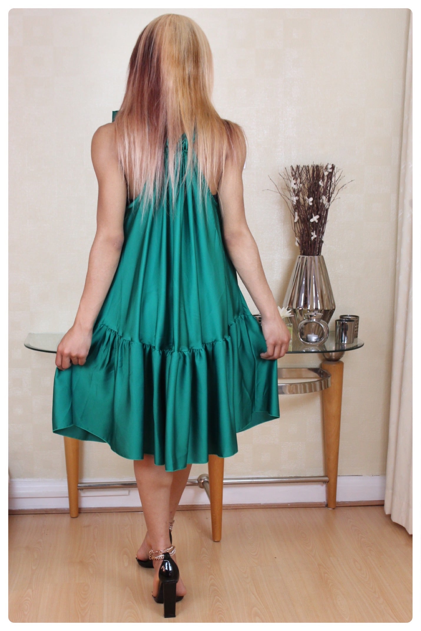 Green Silk Drawstring Bow Dress