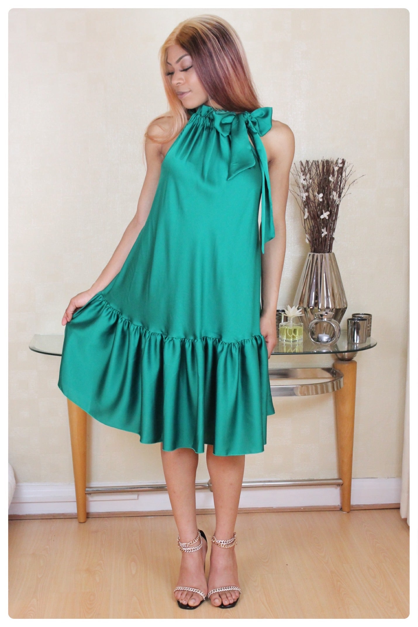 Green Silk Drawstring Bow Dress