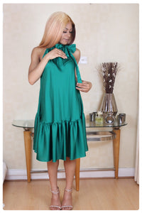 Green Silk Drawstring Bow Dress