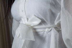 White V Neck Design Mesh Shirt With Belt Tie Up