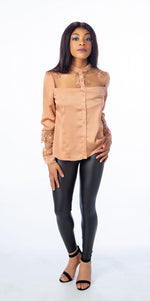 Load image into Gallery viewer, Brown Satin Lace Insert Long Sleeve Blouse
