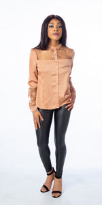 Brown Satin Lace Insert Long Sleeve Blouse