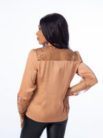 Load image into Gallery viewer, Brown Satin Lace Insert Long Sleeve Blouse

